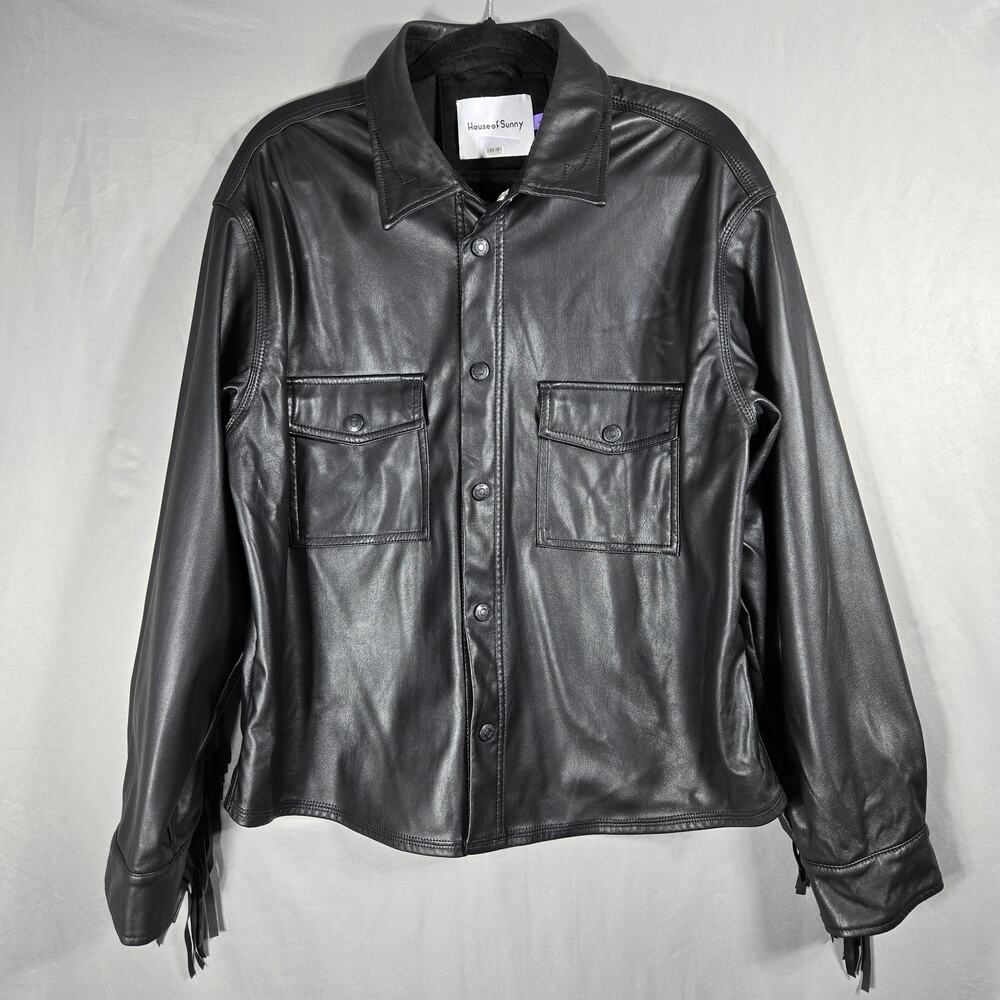 House Of Sunny Jacket Womens Large Black Faux Leather Fringe Western Shacket Boh